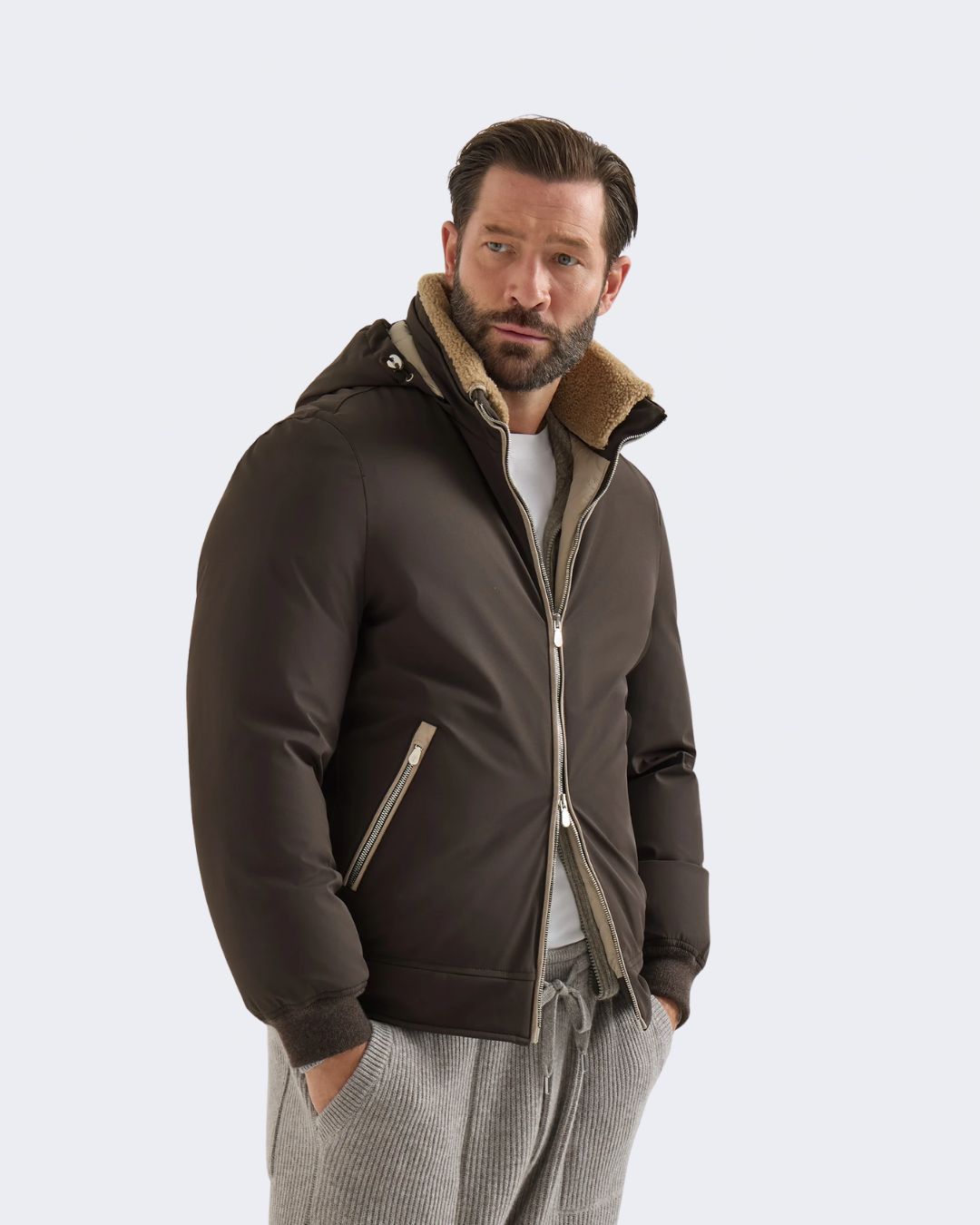 Brown Stretch Bonded Nylon Down Jacket