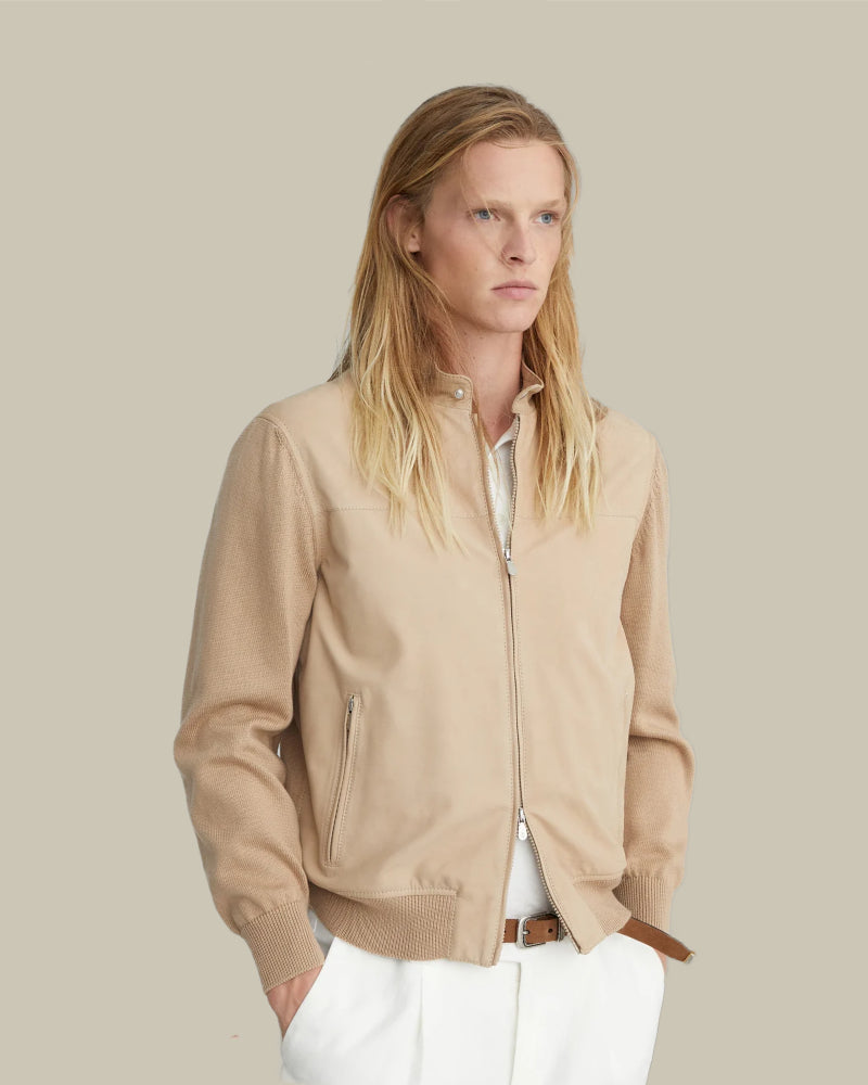 Beige Cotton Knit Jacket With Suede Front Panel