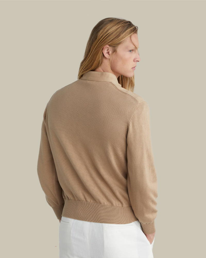 Beige Cotton Knit Jacket With Suede Front Panel