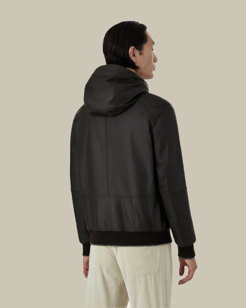 Chocolate Brown Nappa Leather Hooded Blouson