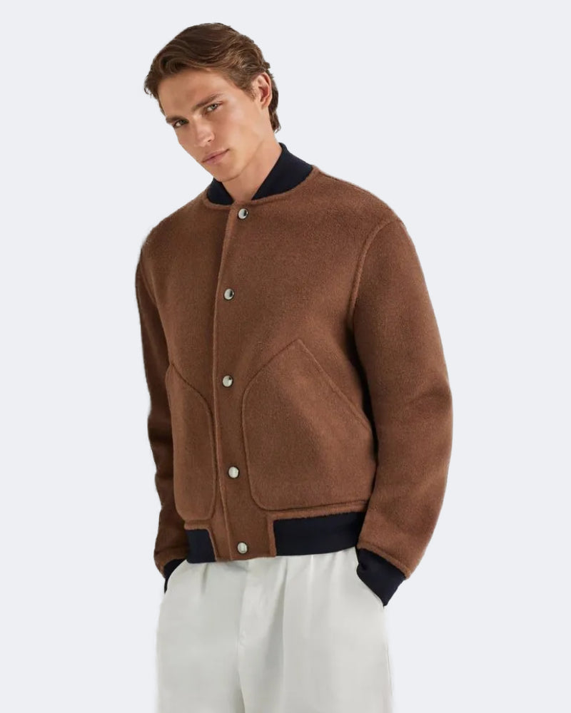 Navy Blue Cashmere Reversible Bomber Jacket