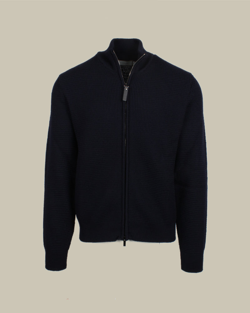 Navy Virgin Wool Cable Knit Full Zip