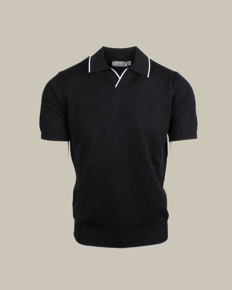 Black Cotton Knitted Polo Tipping Skipper Collar