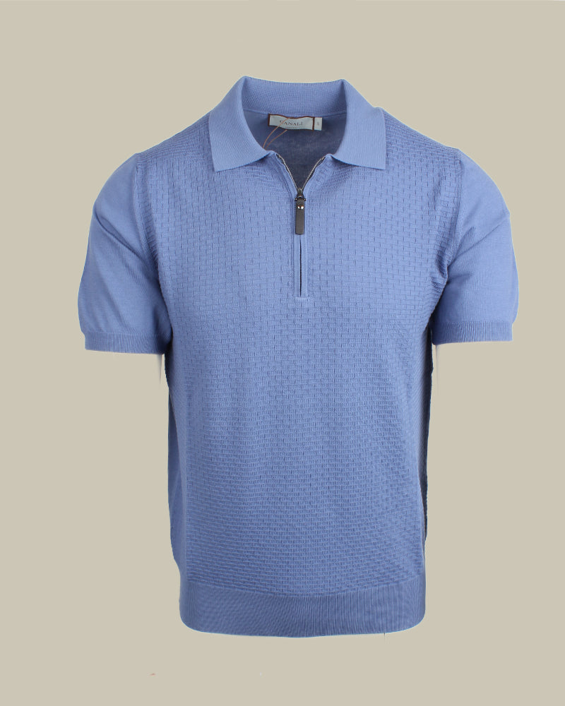 Sky Blue Cotton Waffle Weave Front Panel Zip Knitted Polo