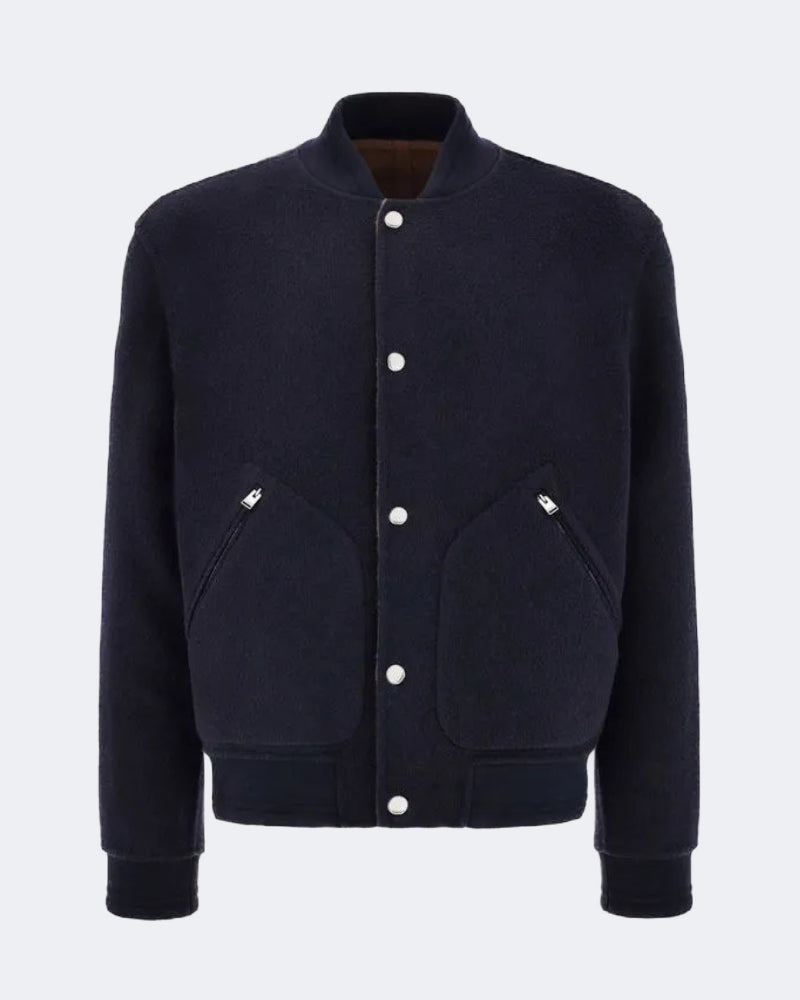 Navy Blue Cashmere Reversible Bomber Jacket