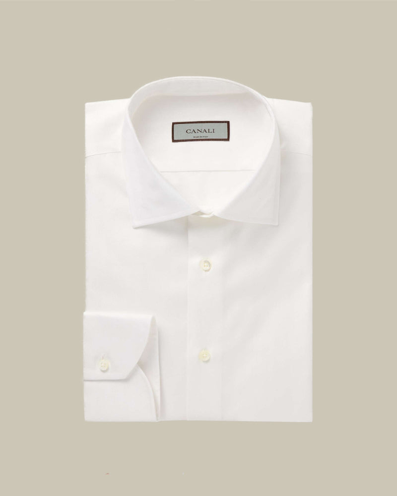 White Twill Cotton Spread Collar Shirt