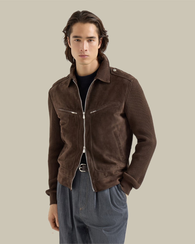 Espresso Suede Front Hybrid Knit Jacket