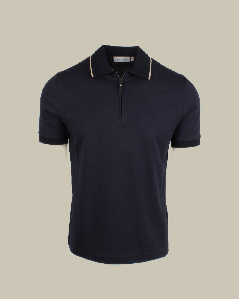 Navy Cotton Lyocell Zip Polo