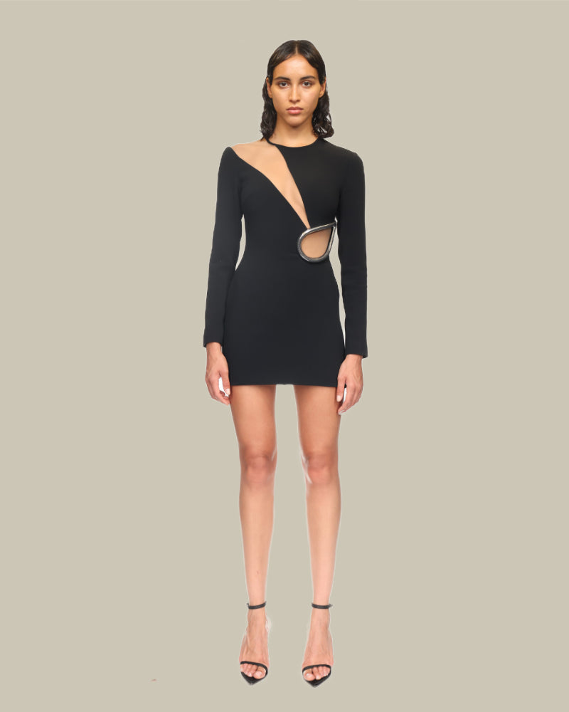 Metallic Tube Waist Detail Long Sleeve Mini Dress