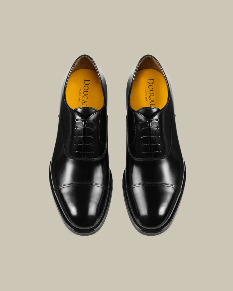 Black Leather Lace-Up Oxford Cap Toe