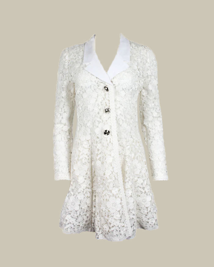 Ivory Lace Button Up Dress With Lapel