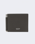 Grey Grain Leather Bi Fold Wallet With Money Clip