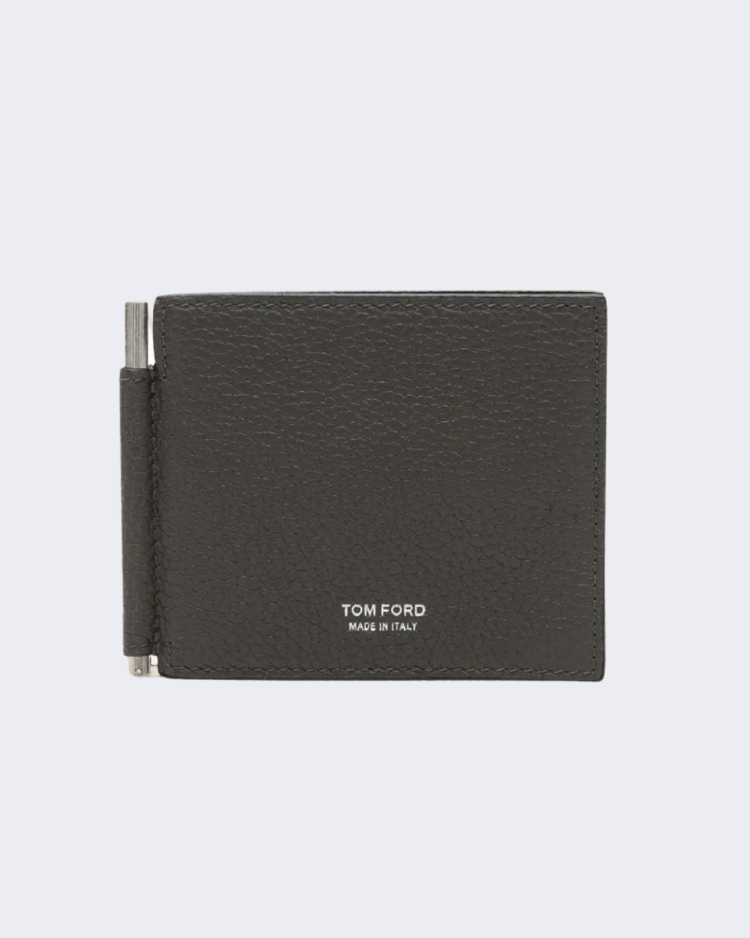 Grey Grain Leather Bi Fold Wallet With Money Clip