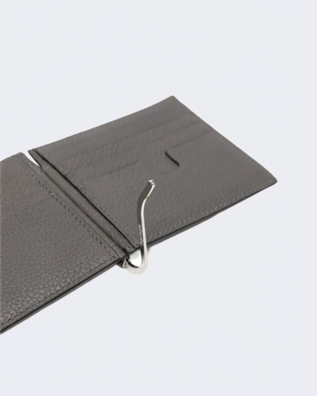 Grey Grain Leather Bi Fold Wallet With Money Clip