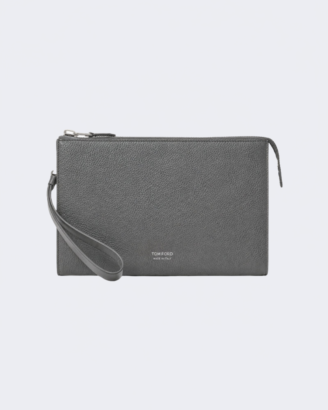 Grey Grain Leather Minimal Slim Pouch With Wristlet