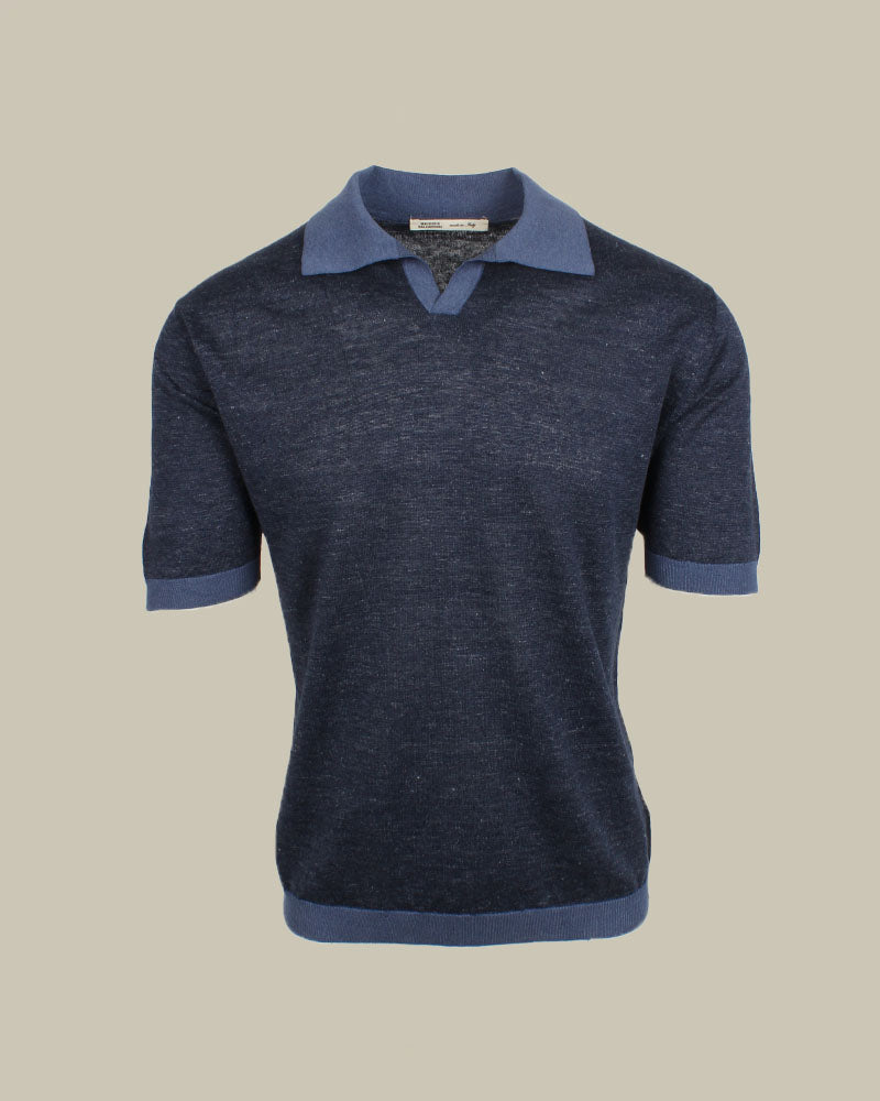 Navy Linen, Cotton & Silk Blend Skipper Polo