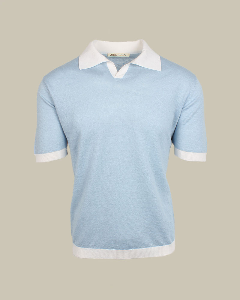 Sky Blue & White Linen, Cotton & Silk Blend Skipper Polo