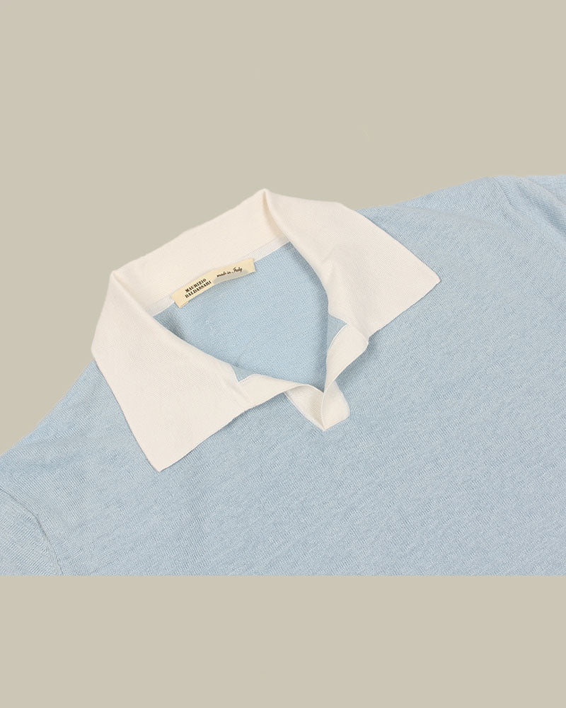 Sky Blue & White Linen, Cotton & Silk Blend Skipper Polo