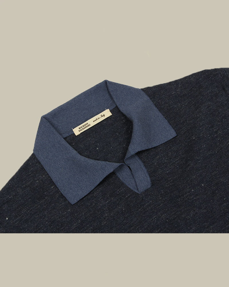 Navy Linen, Cotton & Silk Blend Skipper Polo