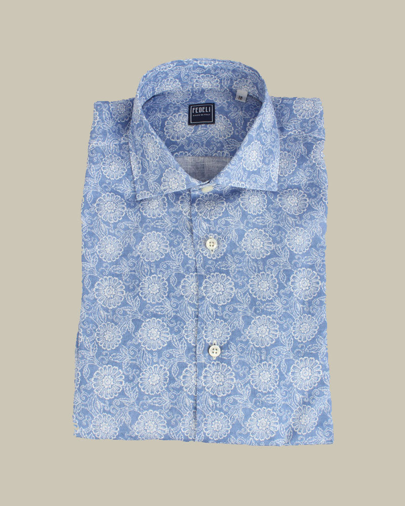 Linen Patterned Shirt Mid Blue