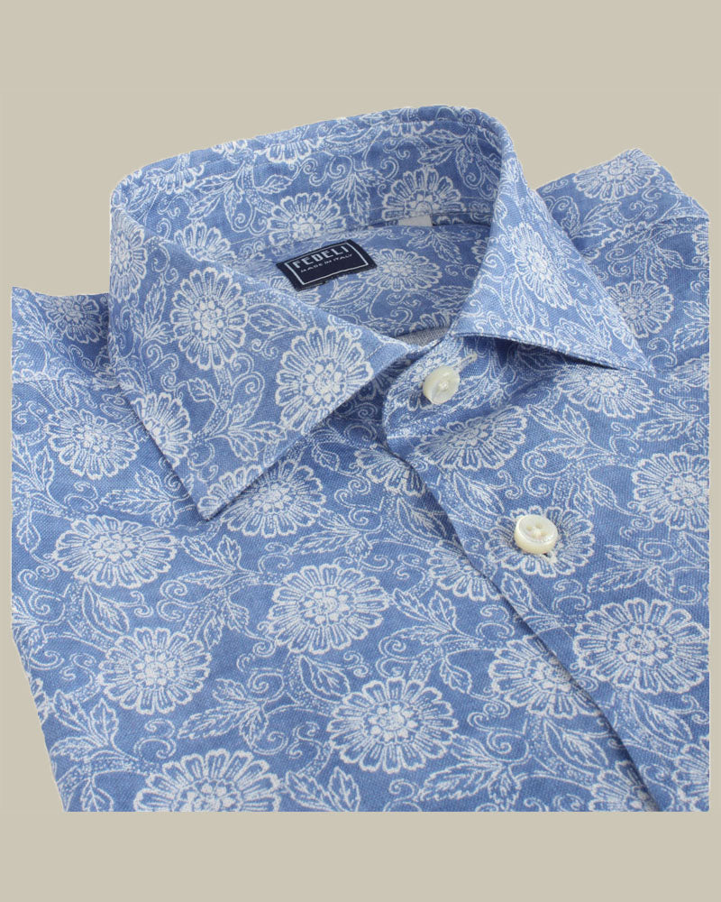 Linen Patterned Shirt Mid Blue