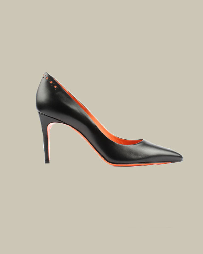 Ladies Black Leather Stiletto Heel With Brogue Pattern