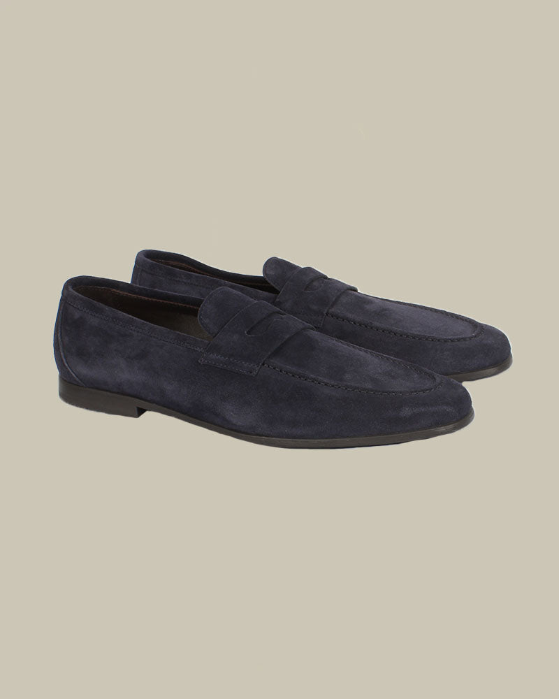 Navy Suede Penny Loafer With Leather Sole