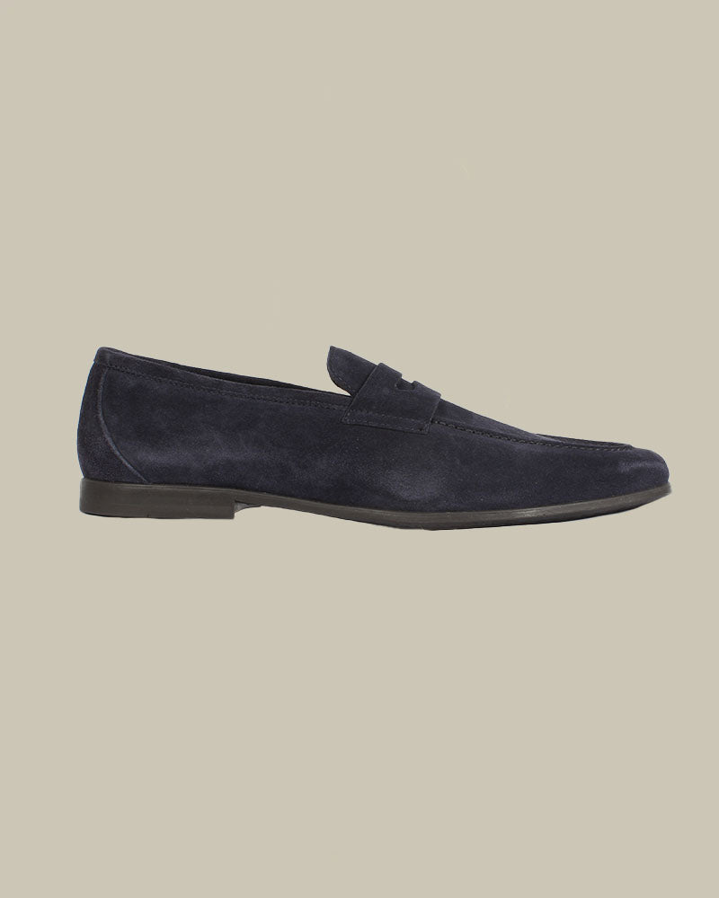 Navy Suede Penny Loafer With Leather Sole