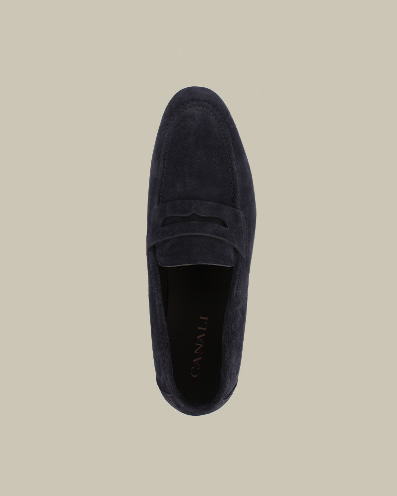 Navy Suede Penny Loafer With Leather Sole