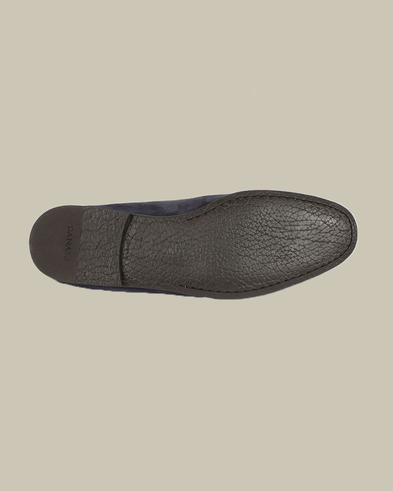 Navy Suede Penny Loafer With Leather Sole