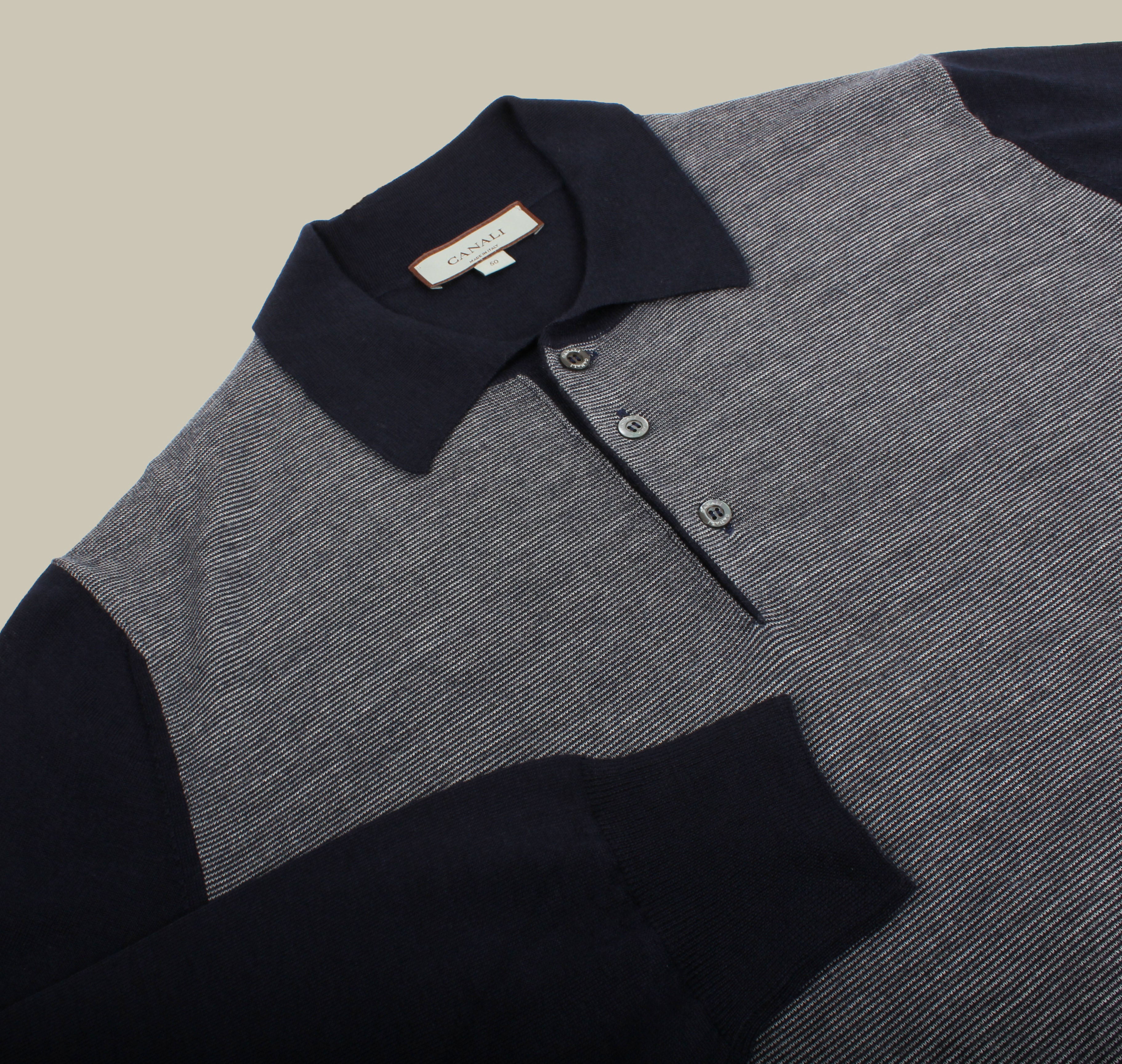 Woven Stripe Panel Knitted Polo Navy and Grey