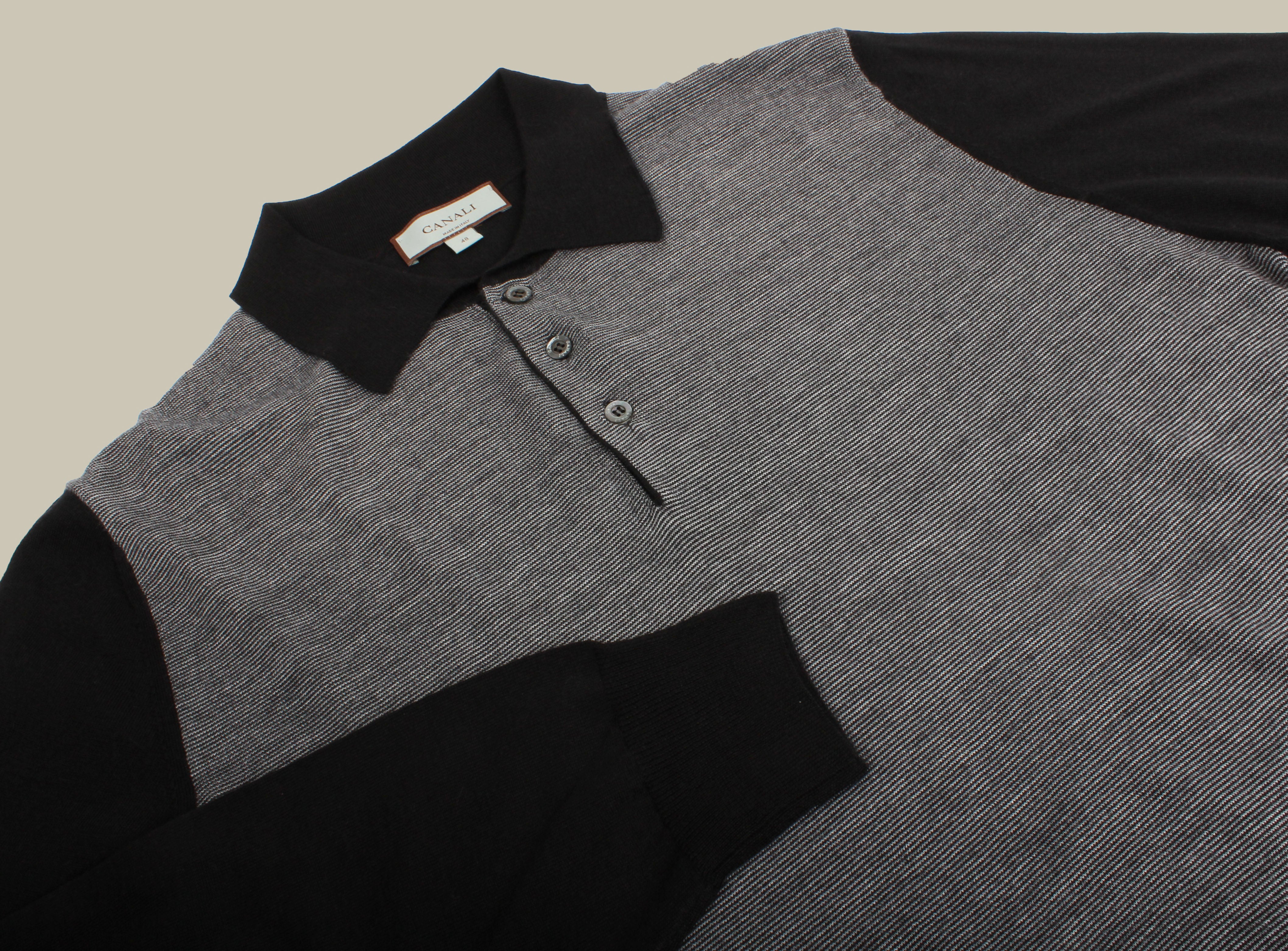 Woven Stripe Panel Knitted Polo Black and Grey