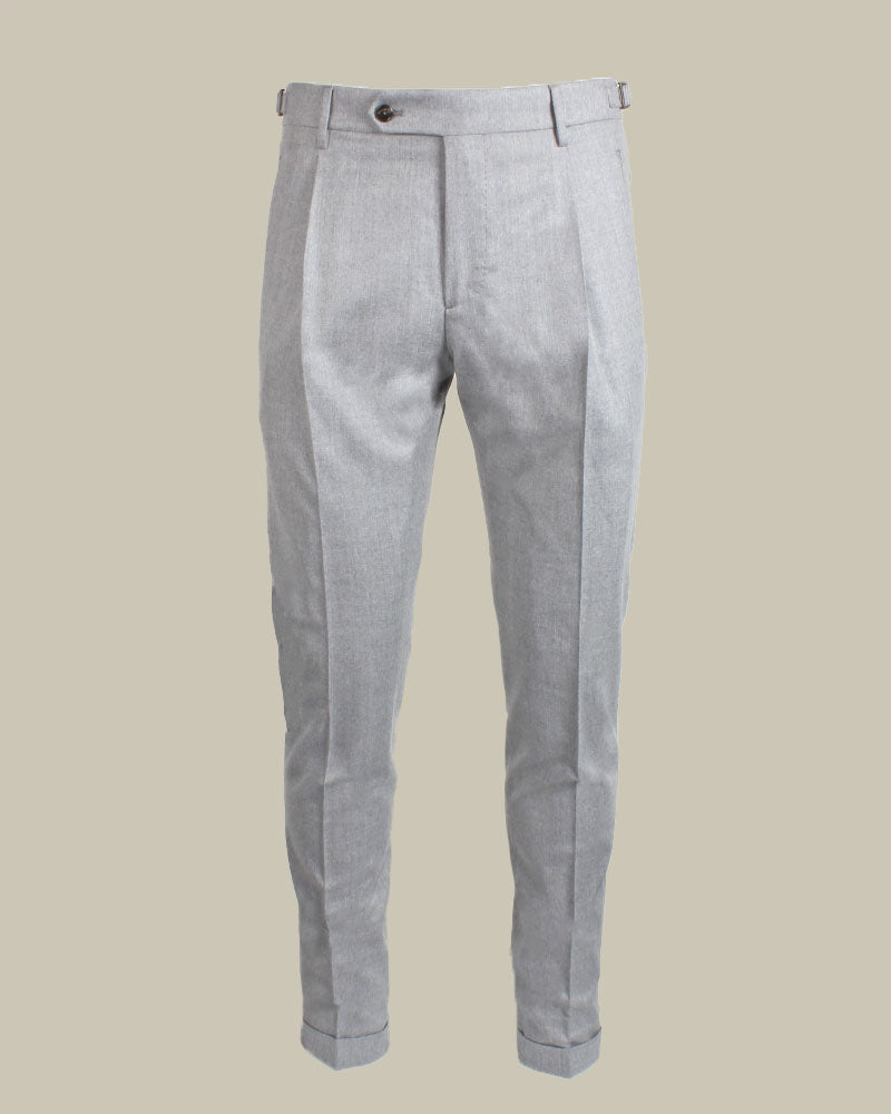 Grey Flannel Pleated Side Fasten Trousers
