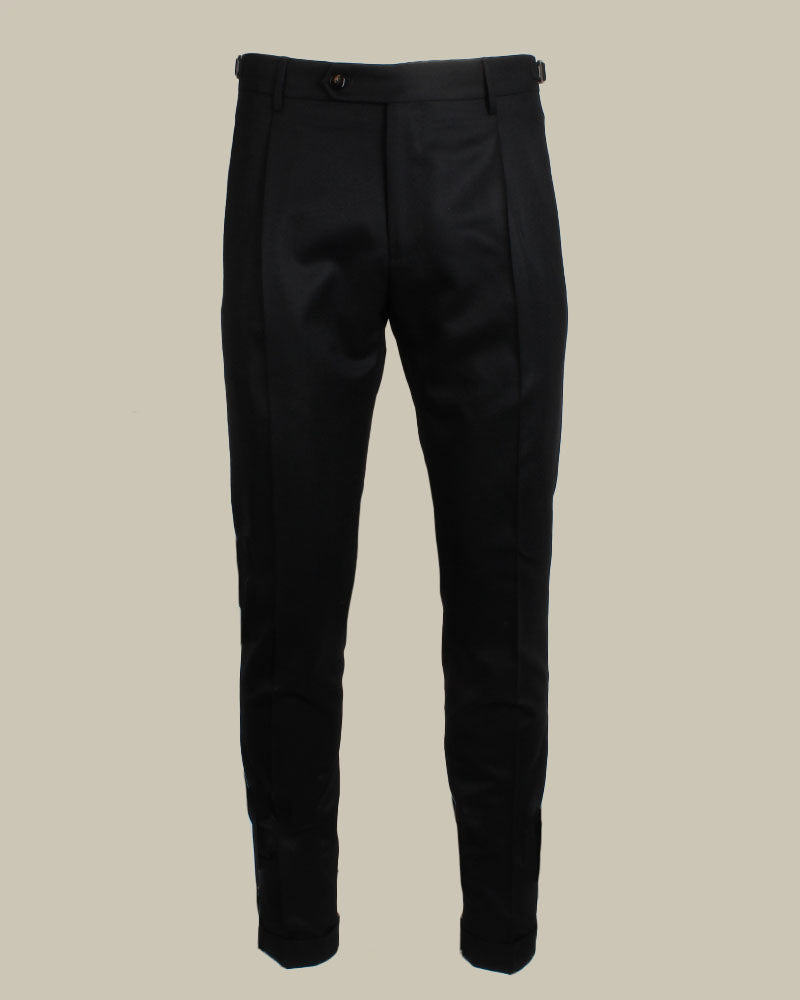 Black Flannel Pleated Side Fasten Trousers
