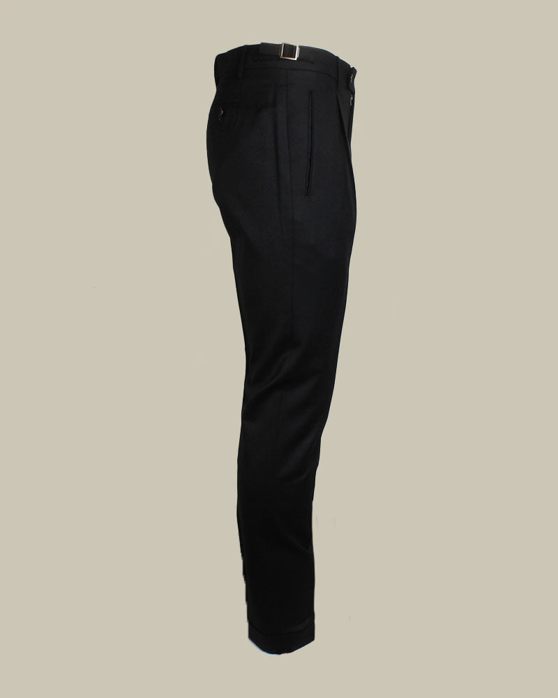 Black Flannel Pleated Side Fasten Trousers