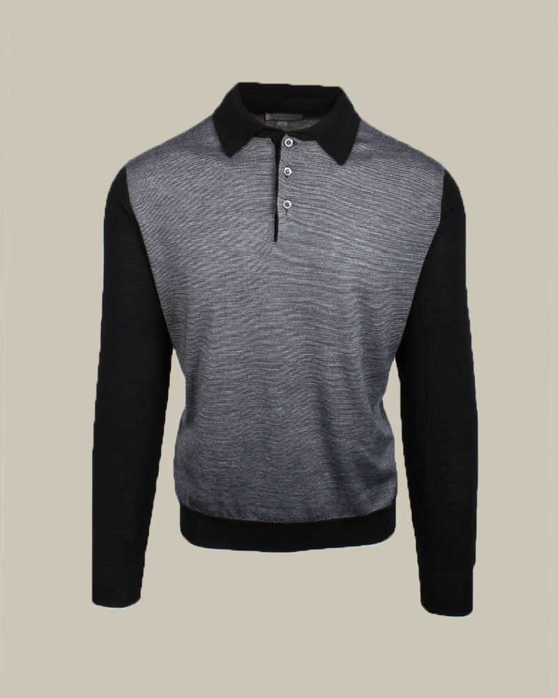 Woven Stripe Panel Knitted Polo Black and Grey