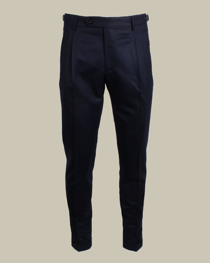 Navy Flannel Pleated Side Fasten Trousers