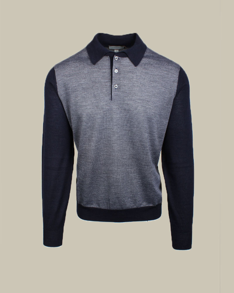 Woven Stripe Panel Knitted Polo Navy and Grey