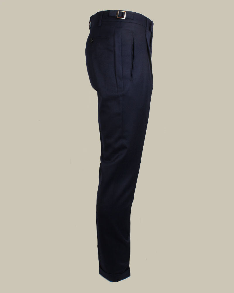 Navy Flannel Pleated Side Fasten Trousers