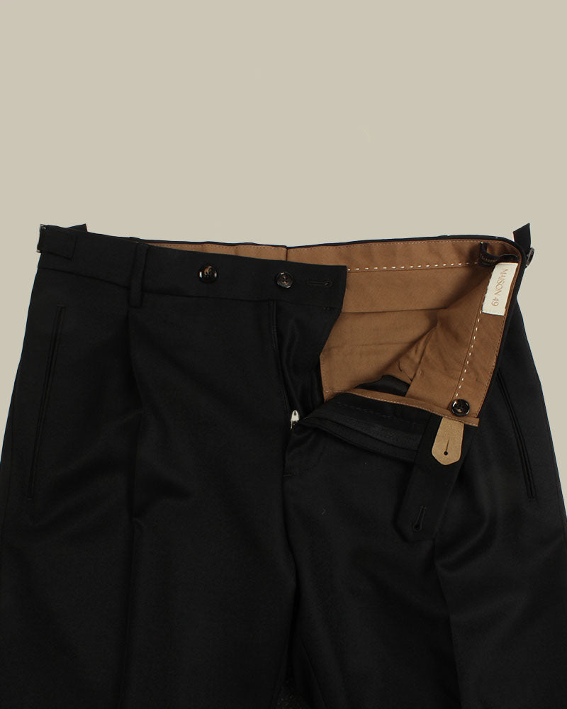 Black Flannel Pleated Side Fasten Trousers