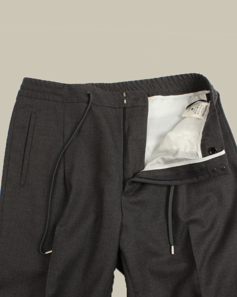 Grey Stretch Wool Drawstring Pleated Trousers