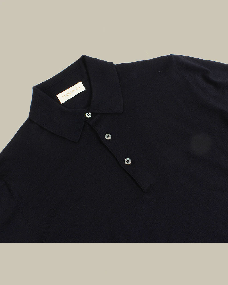 Navy Cashmere & Silk Long Sleeve Knit Polo