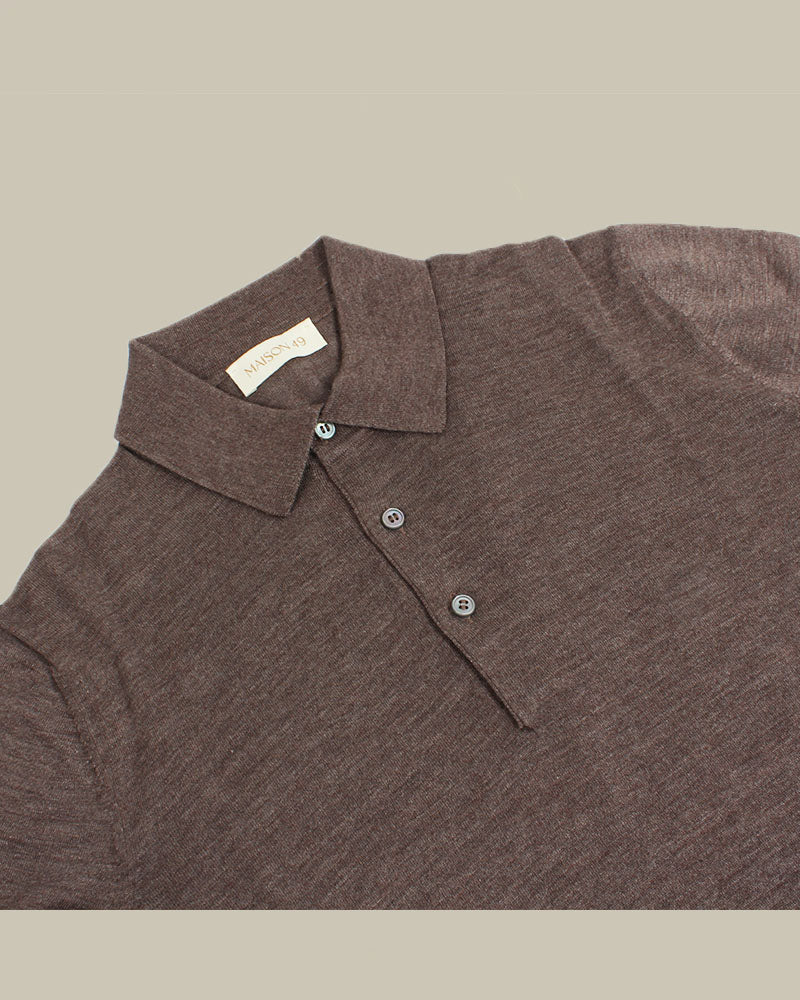 Melange Brown Cashmere & Silk Long Sleeve Knit Polo