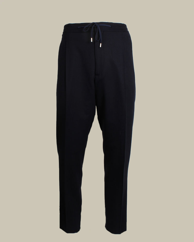 Navy Stretch Wool Drawstring Pleated Trousers