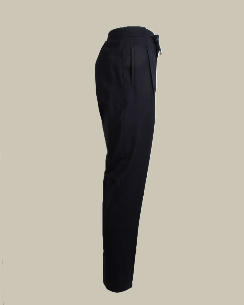 Navy Stretch Wool Drawstring Pleated Trousers