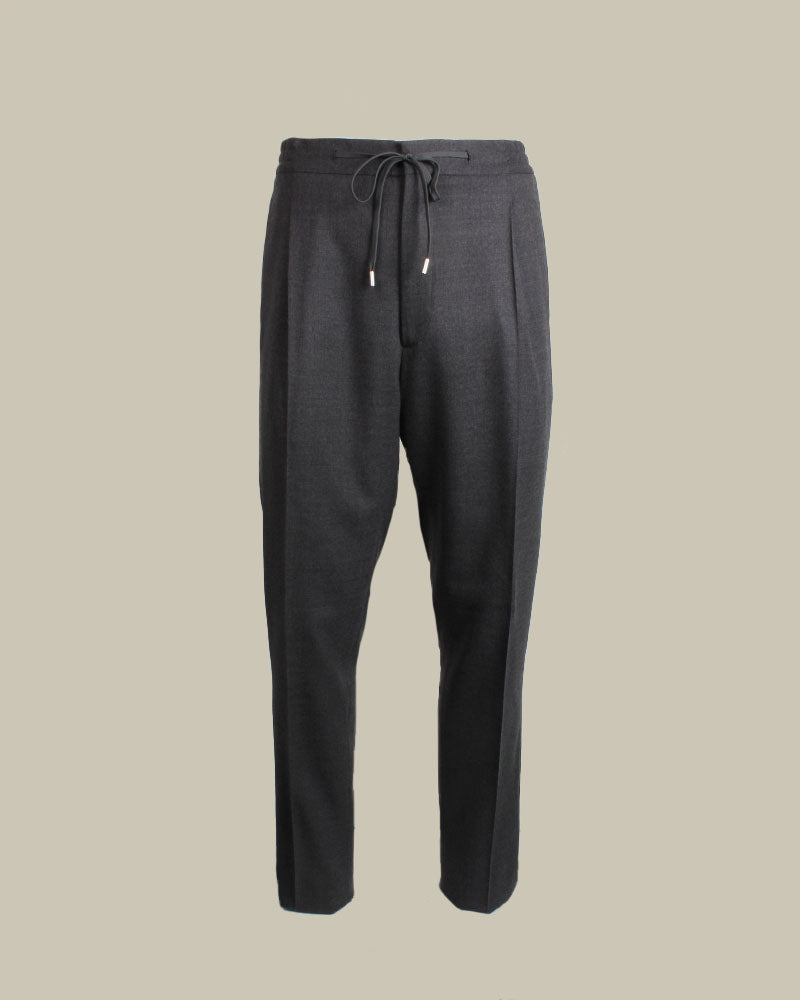 Grey Stretch Wool Drawstring Pleated Trousers
