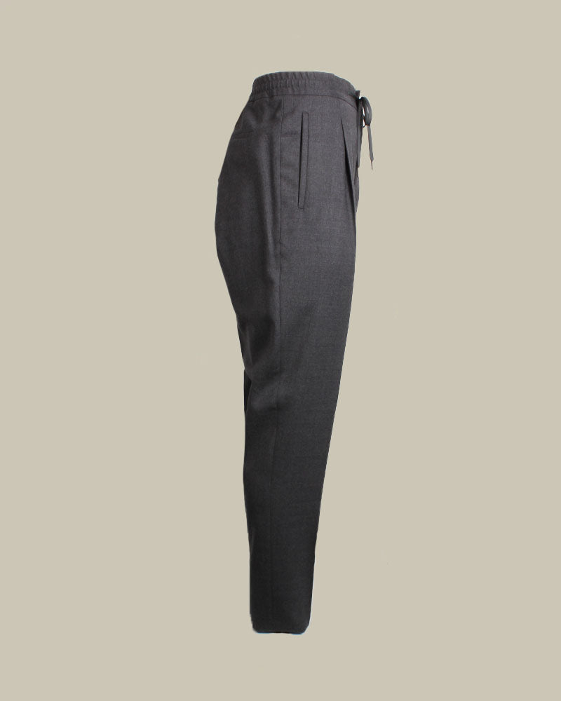 Grey Stretch Wool Drawstring Pleated Trousers