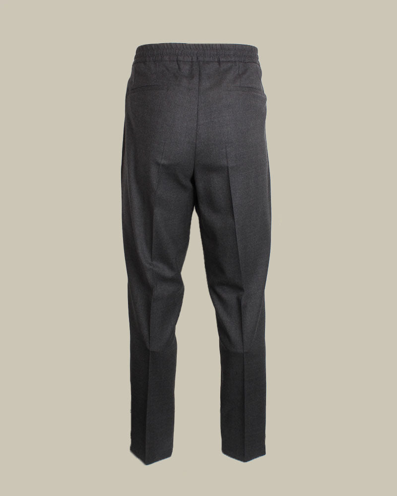 Grey Stretch Wool Drawstring Pleated Trousers