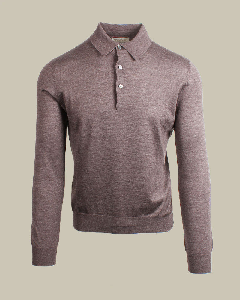Melange Brown Cashmere & Silk Long Sleeve Knit Polo