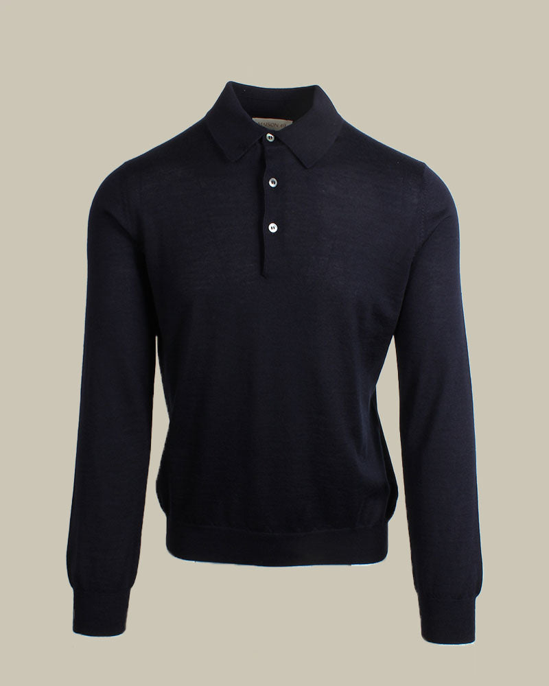 Navy Cashmere & Silk Long Sleeve Knit Polo